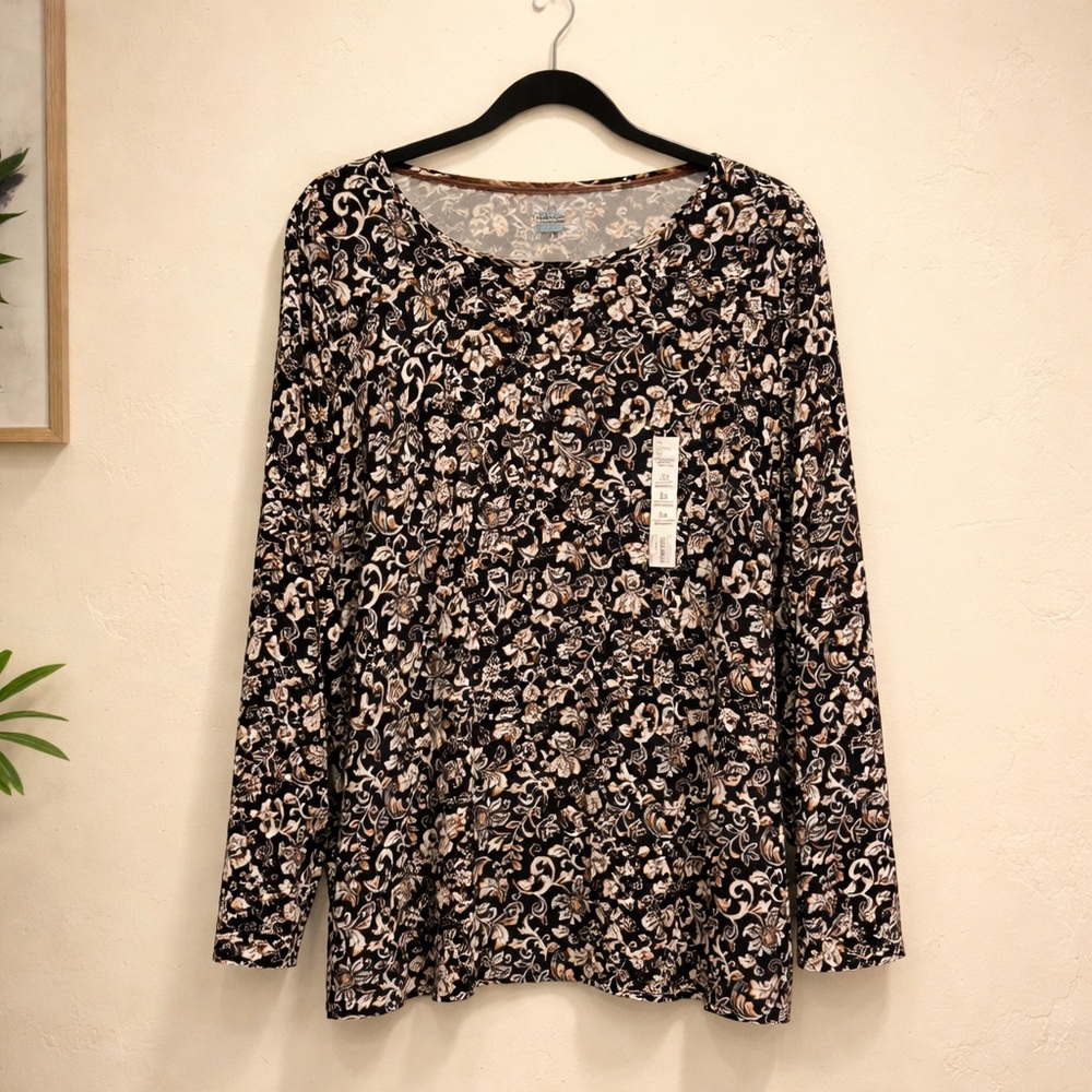 Croft & Barrow Classic 3X Long Sleeve Crewneck Floral and Leaf Pattern CottonTee
